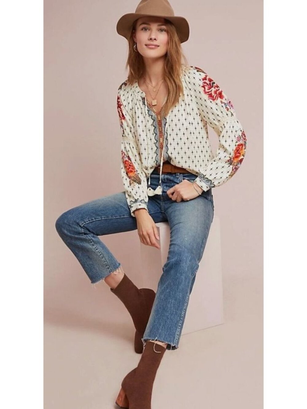 NEW Farm Rio x Anthropologie Diana Peasant Top Cream Size Small $228 [jb]